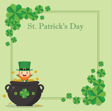 Happy St. Patrick's Day greeting card template. Cute Leprechaun with pot of gold on green clover background. 17 march vector illustration.のイラスト素材