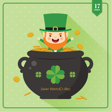 Happy Saint Patrick's Day / Cute Leprechaun and pot of gold on green background / vector illustration.のイラスト素材