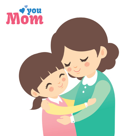 Mother and daughter hugging together isolated on white background. Cartoon vector illustration.のイラスト素材