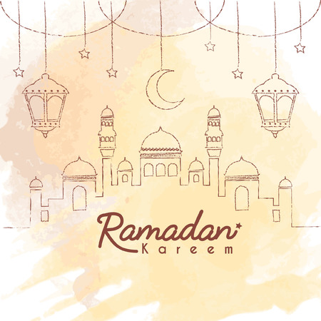 Ramadan Kareem template. Hand drawn mosque with crescent moon and lantern in lien art style on brown watercolor background. Ramadan Kareem means Ramadan the Generous Month.のイラスト素材