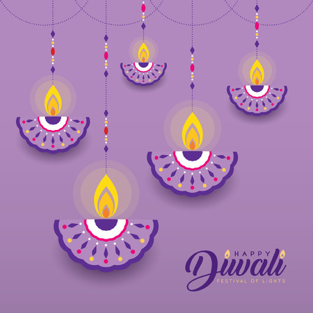 Hanging diya (india oil lamp) in flat vector style isolated on purple background.のイラスト素材