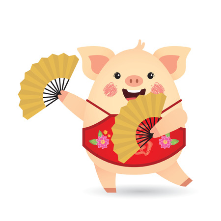 2019 year of the pig. Cute cartoon pig holding chinese fan.のイラスト素材