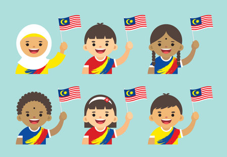 Malaysia Independence Day illustration. Cute cartoon kids of Malay, Indian & Chinese holding Malaysia flag in flat vector design.のイラスト素材