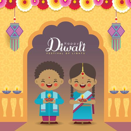 Diwali or Deepavali vector greeting illustration. Cute indian kids with colorful garland, kandil (india lantern) & diya (oil lamp). Festival of Lights celebration.のイラスト素材