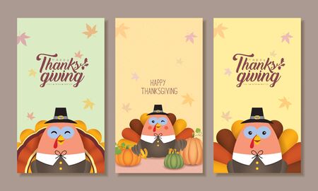 Set of Thanksgiving template for smartphone wallpaper, screensaver, poster or banner design. Cute cartoon turkey with pumpkins. Autumn give thanks flat vector illustration.のイラスト素材