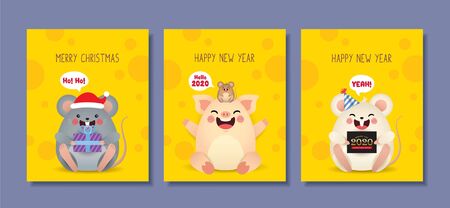 Set of 2020 New Year greeting card template. Cute cartoon white mouse & pig with speech bubble on yellow cheese background. Year of the rat flat vector illustration.のイラスト素材