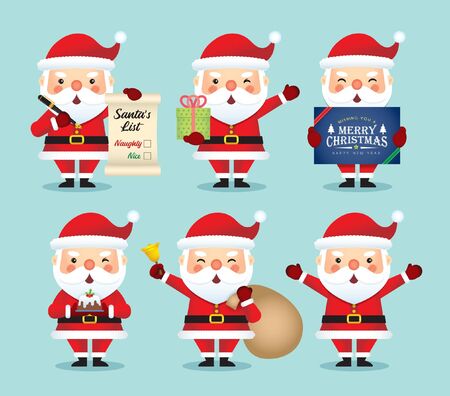 Set of cartoon santa claus in different pose isolated on blue background. Christmas character in flat vector design. Xmas design element.のイラスト素材
