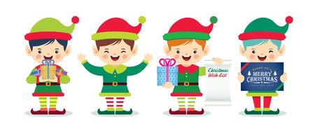 Set of cute cartoon male christmas elf or santa claus helper isolated on white background. Little dwarf with christmas present. Xmas character collection.のイラスト素材