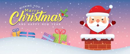 Cute santa claus with chimney and gifts on snowy background. Merry Christmas banner design. Xmas vector illustration.のイラスト素材