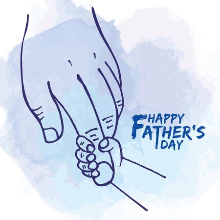 Happy Father's day. Father's hand holding newborn baby fingers in line art style on blue watercolor background. Close-up little child's hand holding daddy's fingers.のイラスト素材