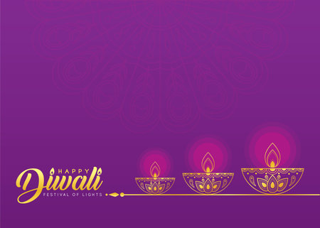 Diwali or Deepavali symbol or icon. Golden Diwali diya (india oil lamp) in line art style. Festival...