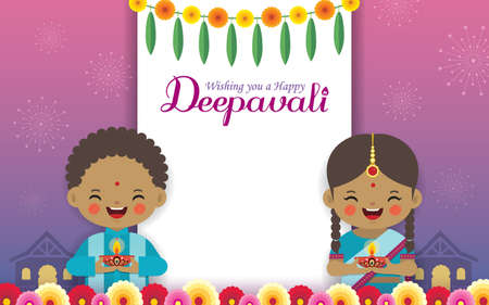 Diwali or Deepavali greeting template. Cute cartoon Indian kids holding diwali diya with marigold mango leaf & fireworks on night background. Indian festival of lights flat vector.のイラスト素材
