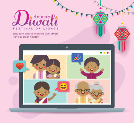 Cartoon Indian family having video chat on laptop screen. People meeting together via video call to celebrate festival. Virtual conference flat vector. Online holiday party during quarantine.のイラスト素材