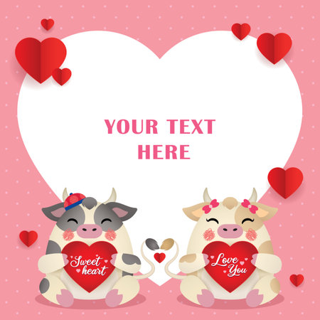 2021 year of the Ox Valentine's greeting template with copy space. Cute cartoon cow couple holding red hearts with greetings text. 14 february, chinese new year vector illustration. Sweetheart, love yのイラスト素材