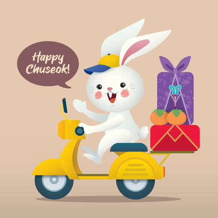 Happy Chuseok - Korean Thanksgiving Day character design. Cute cartoon rabbit riding scooter delivering chuseok gift & persimmons. Bunny delivery service concept art. Flat vector illustration.のイラスト素材