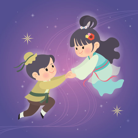 Cartoon cowherd and weaver girl  with milky way starry background. Qixi Festival or Tanabata festival. Cute chibi Vega and Altair flat design. Chinese mythology vector illustration.のイラスト素材