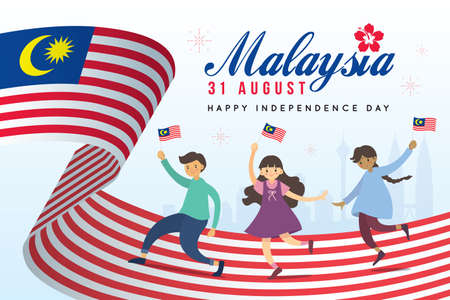 31 August - Malaysia Independence Day. Cartoon Malaysia citizen holding Malaysia flag with cityscape. Flat design. Happy national day vector illustration.のイラスト素材