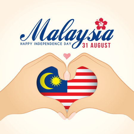 Malaysia National Day. Two hands making heart shape gesture with Malaysia flag. Patriotism vector illustration. Happy independence day flat design.のイラスト素材