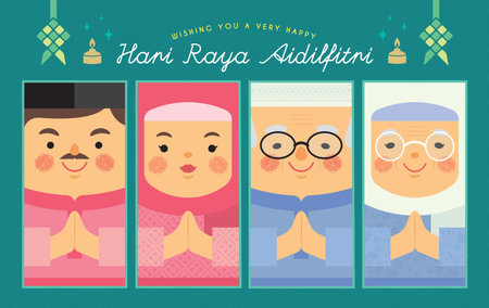 Cute cartoon muslim family (son, daughter and parent) flat vector. Hari Raya Aidilfitri character for packet design, label, greeting card, graphic print, etc. (translation: Happy Fasting Day)のイラスト素材