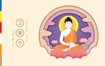Happy Wesak Day or Buddha Purnima copy space or greeting template. Lord Buddha meditating on lotus flower in flat design. 3D paper cut concept. Vector illustration. (translation: Vesak day)のイラスト素材