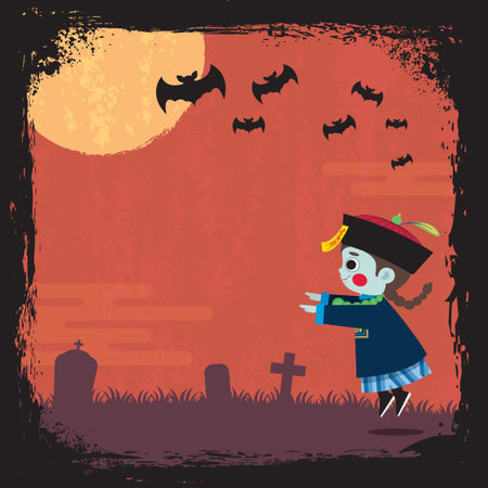 Chinese ghost festival or ZhongYuan festival greeting template or copy space. Cute cartoon chinese zombie and cemetery on grunge texture background. Chinese vampire flat design. (text: zombie)のイラスト素材
