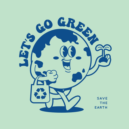 Vintage nostalgia cartoon earth globe holding tree seedling and recycle bag. Environment friendly or recycling concept illustration. Simple retro cartoon character for poster.のイラスト素材