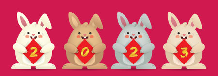 2023 year of the Rabbit. Cute cartoon rabbits with chinese couplet of 2023 isolated on red background. Chinese new year design element. Cartoon bunny in different colors.のイラスト素材