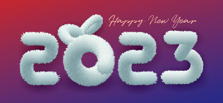 2023 year of the Rabbit. Symbol of white furry rabbit with 2023 calligraphic. Happy new year design...