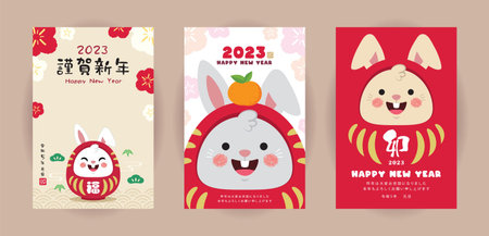 2023 Japanese new year greeting card template. Daruma with cute rabbit face. Bunny good luck charms. New year poster set. (text: Lunar new year greetings ; Year of the Rabbit)のイラスト素材