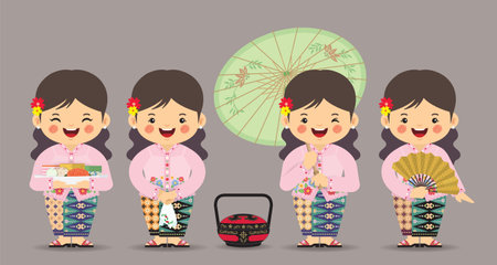 Set of cartoon woman wearing peranakan kebaya with Nyonya pastry, bakul siah, oil paper umbrella and hand fan. Baba-nyonya culture flat design.のイラスト素材
