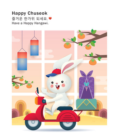 Happy Chuseok - Hangawi Korean Thanksgiving Day greetings design. Cartoon rabbit riding scooter delivering chuseok gift. Delivery service concept art. Mid autumn festival vector.のイラスト素材