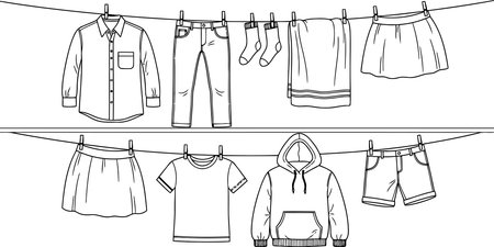 An illustration of various garments, including shirts and shorts, hanging on a clothesline to air dry from scratch.のイラスト素材