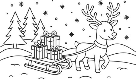 Christmas reindeer with gifts. Coloring book for children.のイラスト素材