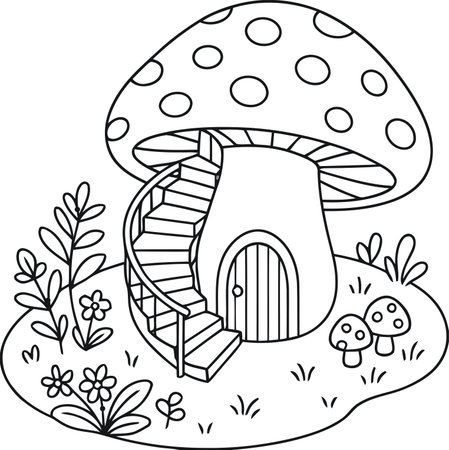 Mushroom house coloring page for kids and adults. Vector illustration.のイラスト素材