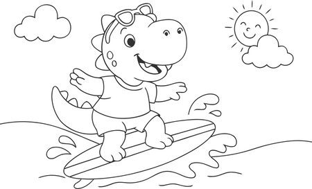 Coloring book for children: happy hippo on the surfboardのイラスト素材