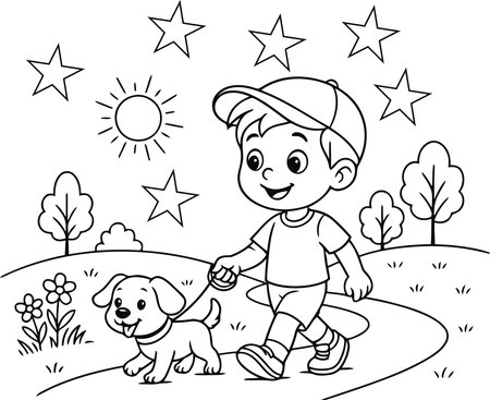 Boy playing with a dog in the park, black and white vector illustrationのイラスト素材