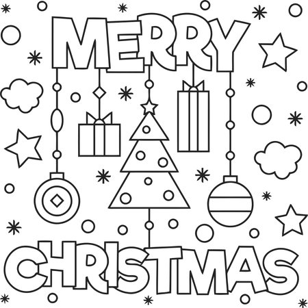 Merry Christmas and Happy New Year coloring page. Vector illustration.のイラスト素材