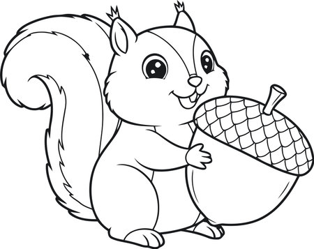 Black and White Cartoon Illustration of Cute Squirrel with Acorn for Coloring Bookのイラスト素材