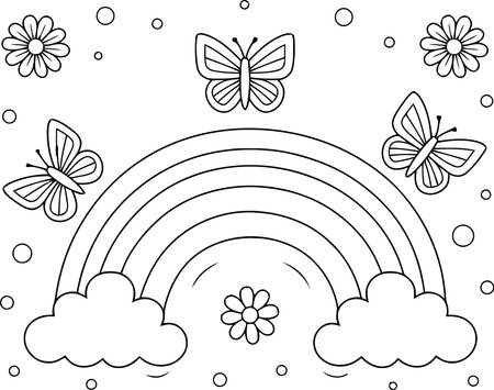 Coloring Page Outline Of a rainbow with butterflies and daisiesのイラスト素材