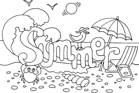Coloring Page Outline Of Cartoon Illustration of Summer Beach Scene for Childrenのイラスト素材