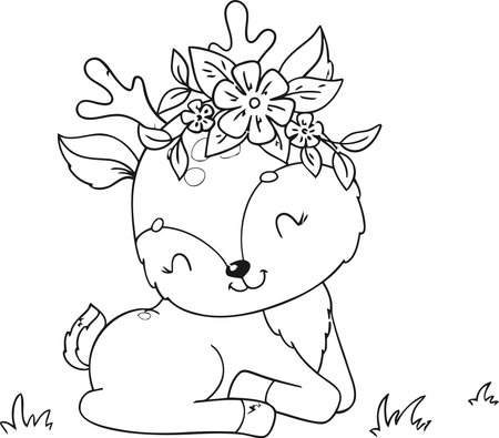 Cute baby deer with a wreath of flowers. Coloring book for children.のイラスト素材