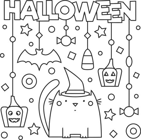 Coloring Page Outline Of Cat With Halloween Party Decorationsのイラスト素材