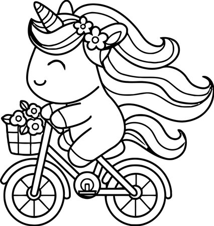Black and White Cartoon Illustration of Unicorn Riding a Bicycle for Coloring Bookのイラスト素材