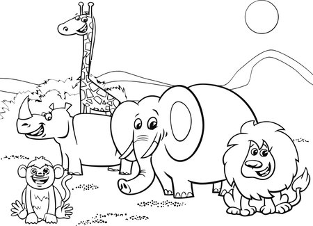 Black and White Cartoon Illustration of Wild Animal Characters Group Coloring Bookのイラスト素材