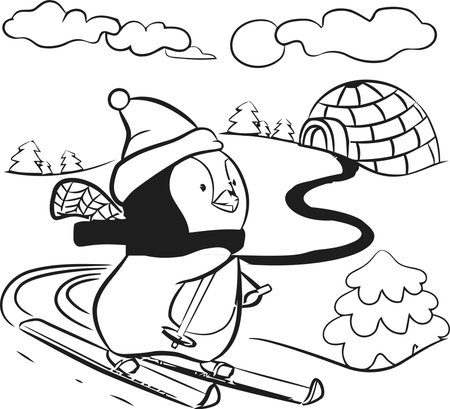 Black and White Cartoon Illustration of Snowman Skiing in Winter Seasonのイラスト素材