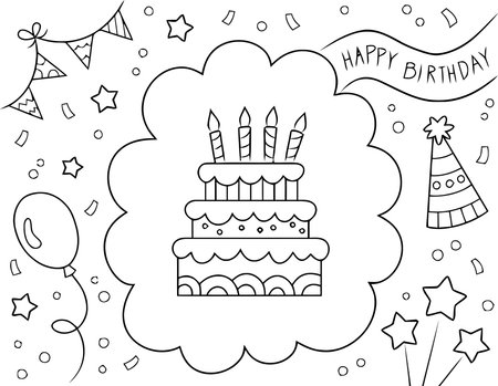Coloring book for children: Birthday cake with candles and confetti. Vector illustration.のイラスト素材