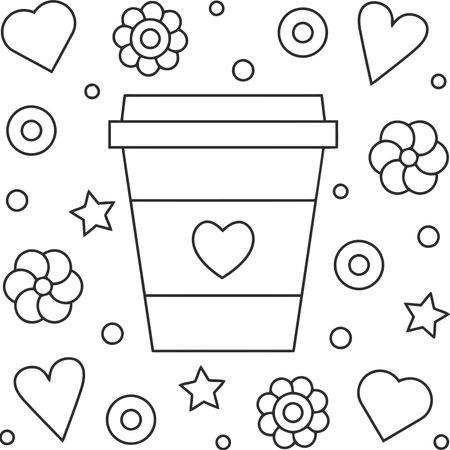 Coffee cup with flowers and hearts. Black and white vector illustration.のイラスト素材