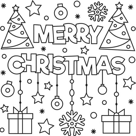 Merry Christmas lettering. Black and white illustration for coloring book.のイラスト素材