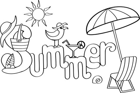 Summer Vacation - Black and White Cartoon Illustration, Vector Artのイラスト素材