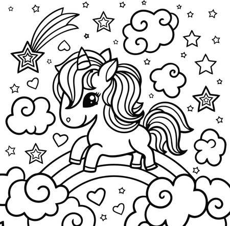 Unicorn with clouds and stars. Black and white illustration for coloring book.のイラスト素材